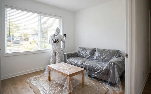 Mold inspection Littleton: a technician in protective gear checks a wall with a moisture meter beside a covered sofa and window