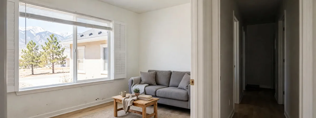 Mold in a Colorado rental: an empty living room with a window and a hallway doorway, where a tenant may first notice a musty smell