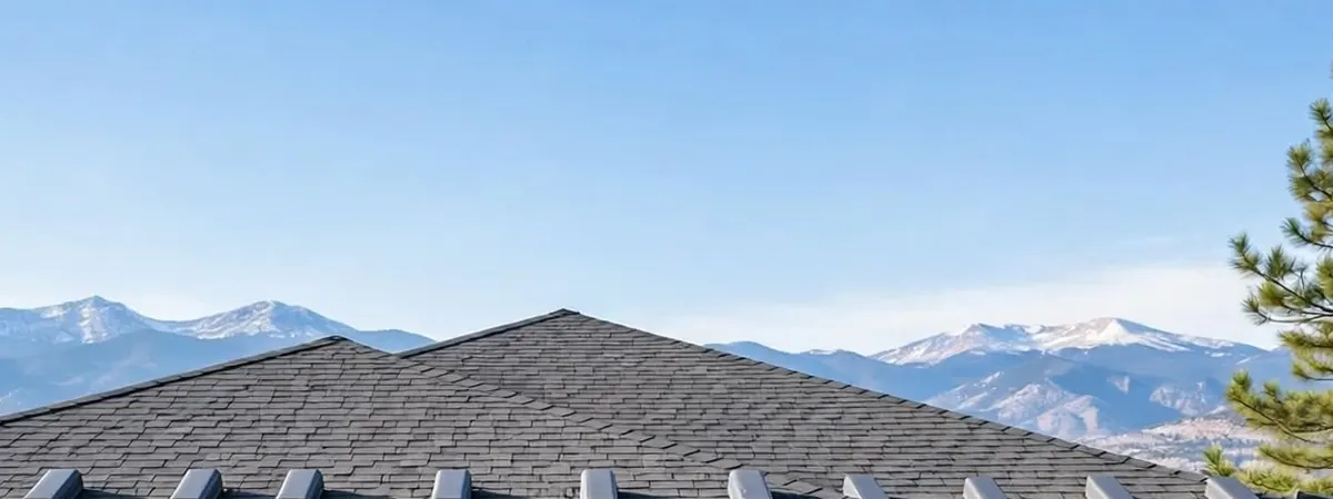 Attic mold remediation Littleton: the roof edge and eaves of a Colorado home with mountains behind it