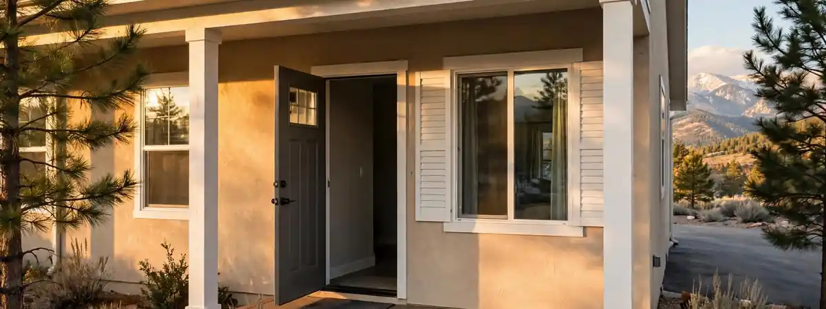 Contact MoldCare Littleton for a free mold remediation estimate: an open front door and porch of a Colorado home with mountains behind