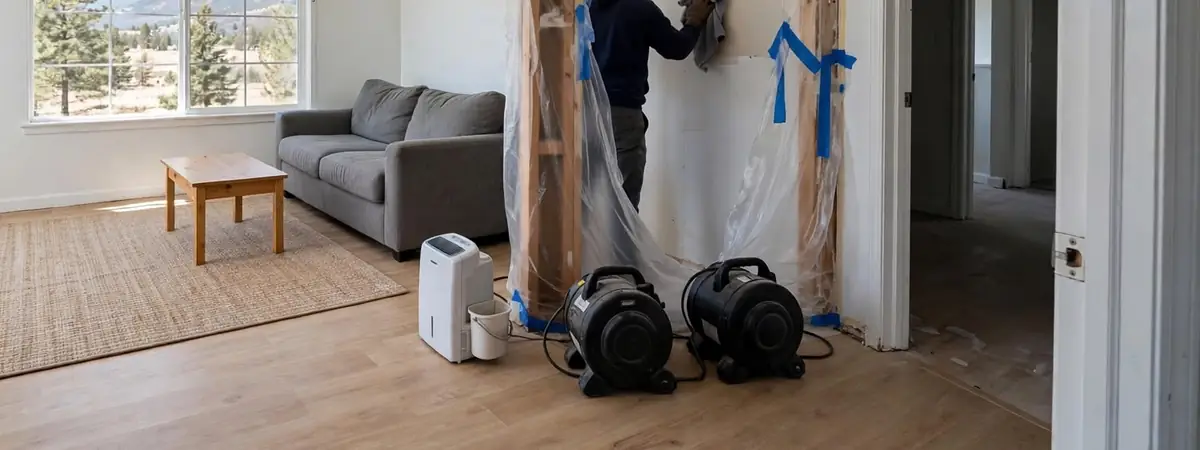 Emergency mold remediation Littleton: air movers and a dehumidifier running beside an opened wall section during urgent mold cleanup