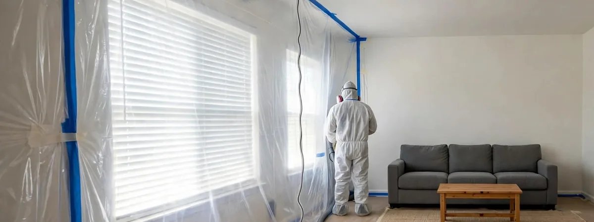 Mold remediation FAQs Littleton: a technician working behind plastic containment barriers in a living room