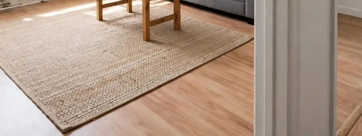 Flooring and subfloor mold remediation Littleton: wood flooring and a woven rug in a room with mold along the base of the wall