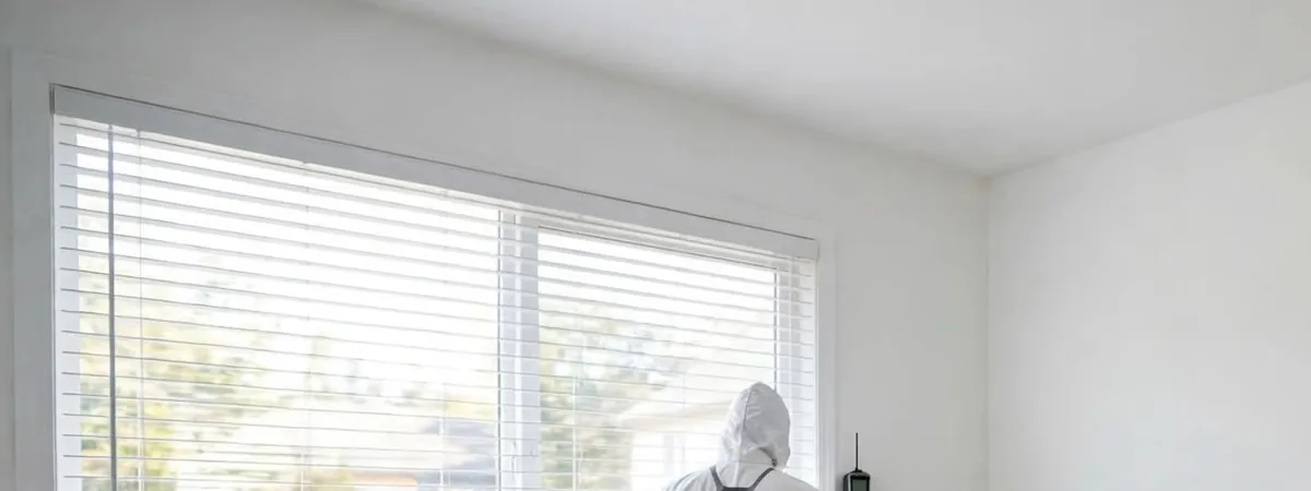 Wall and ceiling mold remediation Littleton: technician in protective gear beside a window and upper wall in a covered room