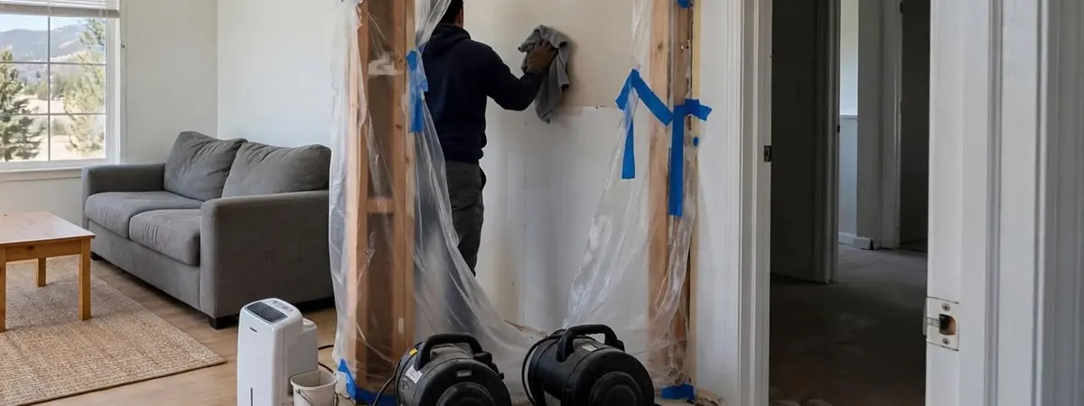 Mold remediation after water damage Littleton: air movers and a dehumidifier running beside an opened wall in a sealed work area