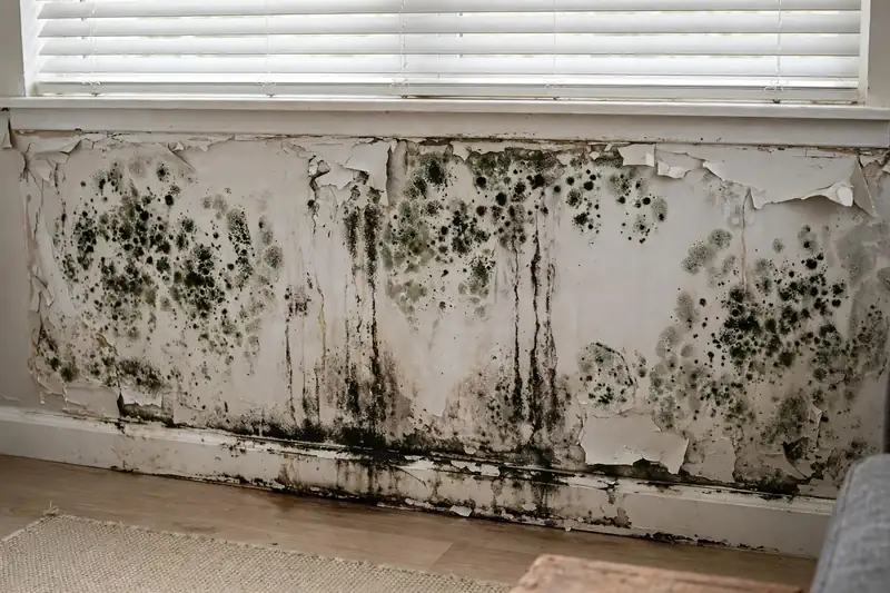 Dark mold and peeling paint on a lower wall under a window, the kind of damage a mold inspection in Littleton looks for